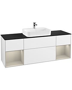 Villeroy und Boch Finion Waschtischunterschrank G452HHGF 160cm, Abdeckplatte black matt, Emotion, Regale sand matt lacquer, Glossy white lacquer