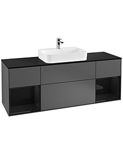 Villeroy und Boch Finion Waschtischunterschrank G452PHGK 160cm, Abdeckplatte black matt, Emotion, Regale Glossy black lacquer, Anthracite matt