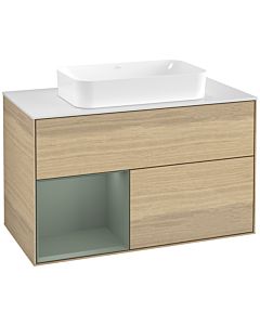 Villeroy und Boch Finion Waschtischunterschrank G651GMPC 100x60,3x50,1cm, Regal links Olive Matt Lacquer, Oak Veneer