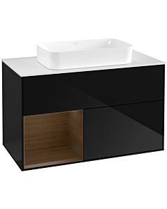 Villeroy und Boch Finion Waschtischunterschrank G651GNPH 100x60,3x50,1cm, Regal links Walnut veneer, Glossy Black Lacquer