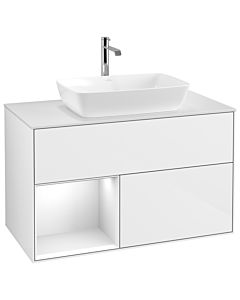 Villeroy und Boch Finion Villeroy und Boch G771GFGF 100cm, plaque de finition blanc mat, Emotion, étagères laqué blanc brillant, laqué blanc brillant