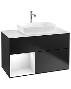 Villeroy und Boch Finion Waschtischunterschrank G771GFPD 100cm, Abdeckplatte white matt, Emotion, Regale Glossy white lacquer, Black matt lacquer