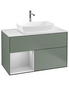 Villeroy und Boch Finion Villeroy und Boch G771GJGM 100cm, plaque de finition blanc mat, Emotion, étagères laqué gris clair mat, Olive Matt Lacquer