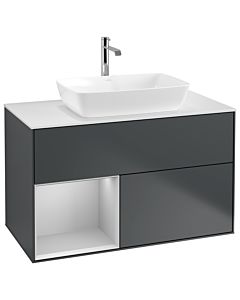 Villeroy und Boch Finion Waschtischunterschrank G771GJHG 100cm, Abdeckplatte white matt, Emotion, Regale Light grey matt lacquer, Midnight Blue Matt Lacquer