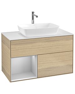 Villeroy und Boch Finion Waschtischunterschrank G771GJPC 100cm, Abdeckplatte white matt, Emotion, Regale Light grey matt lacquer, Oak Veneer