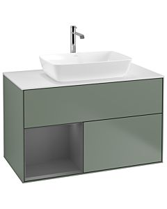 Villeroy und Boch Finion Villeroy und Boch G771GKGM 100cm, plaque de finition blanc mat, Emotion, étagères anthracite laqué mat, Olive Matt Lacquer