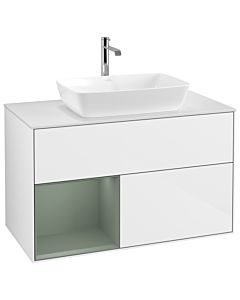 Villeroy und Boch Finion Villeroy und Boch G771GMGF 100cm, plaque de finition blanc mat, Emotion, étagères laqué olive mat, laqué blanc brillant