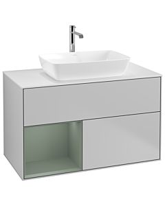 Villeroy und Boch Finion Villeroy und Boch G771GMGJ 100cm, plaque de finition blanc mat, Emotion, étagères laqué olive mat, gris clair mat