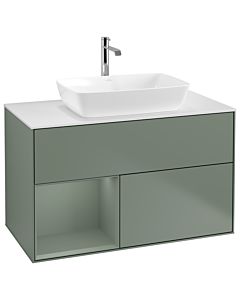 Villeroy und Boch Finion Villeroy und Boch G771GMGM 100cm, plaque de finition blanc mat, Emotion, étagères olive laqué mat, Olive Matt Lacquer