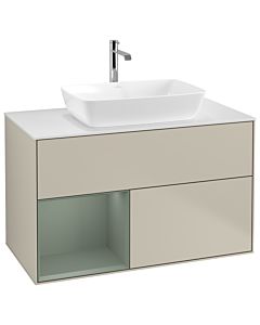 Villeroy und Boch Finion Villeroy und Boch G771GMHH 100cm, plaque de recouvrement blanc mat, Emotion, étagères olive laqué mat, Sand Matt Lacquer