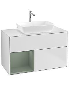 Villeroy und Boch Finion Waschtischunterschrank G771GMMT 100cm, Abdeckplatte white matt, Emotion, Regale Olive matt lacquer, White matt lacquer