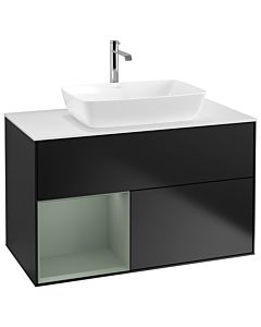Villeroy und Boch Finion Waschtischunterschrank G771GMPD 100cm, Abdeckplatte white matt, Emotion, Regale Olive matt lacquer, Black matt lacquer