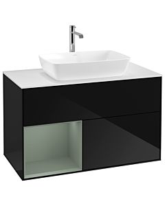 Villeroy und Boch Finion Villeroy und Boch G771GMPH 100cm, plaque de finition blanc mat, Emotion, étagères olive laqué mat, Glossy Black Lacquer