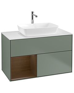 Villeroy und Boch Finion Waschtischunterschrank G771GNGM 100cm, Abdeckplatte white matt, Emotion, Regale Walnut Veneer, Olive Matt Lacquer