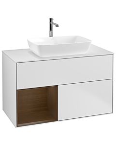 Villeroy und Boch Finion Waschtischunterschrank G771GNMT 100cm, Abdeckplatte white matt, Emotion, Regale Walnut Veneer, White matt lacquer