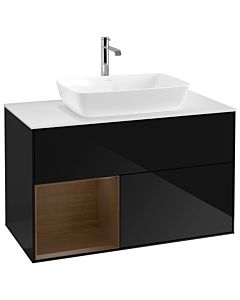 Villeroy und Boch Finion Waschtischunterschrank G771GNPH 100cm, Abdeckplatte white matt, Emotion, Regale Walnut Veneer, Glossy Black Lacquer