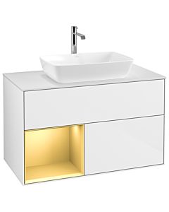 Villeroy und Boch Finion Waschtischunterschrank G771HFGF 100cm, Abdeckplatte white matt, Emotion, Regale Gold matt lacquer, Glossy white lacquer