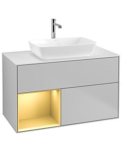 Villeroy und Boch Finion Waschtischunterschrank G771HFGJ 100cm, Abdeckplatte white matt, Emotion, Regale Gold matt lacquer, Light grey matt