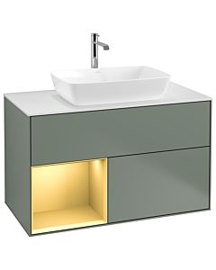 Villeroy und Boch Finion Villeroy und Boch G771HFGM 100cm, plaque de recouvrement blanc mat, Emotion, étagères laqué or mat, Olive Matt Lacquer