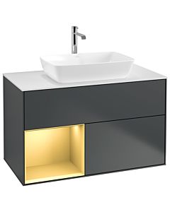 Villeroy und Boch Finion Waschtischunterschrank G771HFHG 100cm, Abdeckplatte white matt, Emotion, Regale Gold matt lacquer, Midnight Blue Matt Lacquer