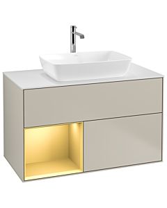 Villeroy und Boch Finion Villeroy und Boch G771HFHH 100cm, plaque de recouvrement blanc mat, Emotion, étagères laqué or mat, Sand Matt Lacquer