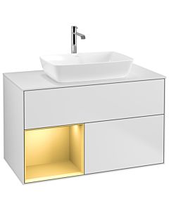 Villeroy und Boch Finion Villeroy und Boch G771HFMT 100cm, plaque de recouvrement blanc mat, Emotion, étagères laqué or mat, laqué blanc mat