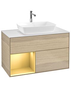 Villeroy und Boch Finion Waschtischunterschrank G771HFPC 100cm, Abdeckplatte white matt, Emotion, Regale Gold matt lacquer, Oak Veneer
