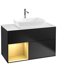 Villeroy und Boch Finion Waschtischunterschrank G771HFPD 100cm, Abdeckplatte white matt, Emotion, Regale Gold matt lacquer, Black matt lacquer