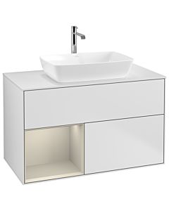 Villeroy und Boch Finion Waschtischunterschrank G771HHMT 100cm, Abdeckplatte white matt, Emotion, Regale sand matt lacquer, White matt lacquer