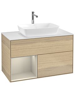 Villeroy und Boch Finion Waschtischunterschrank G771HHPC 100cm, Abdeckplatte white matt, Emotion, Regale sand matt lacquer, Oak Veneer