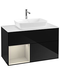 Villeroy und Boch Finion Villeroy und Boch G771HHPH 100cm, plaque de finition blanc mat, Emotion, étagères laqué sable sable, Glossy Black Lacquer