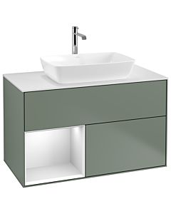 Villeroy und Boch Finion Waschtischunterschrank G771MTGM 100cm, Abdeckplatte white matt, Emotion, Regale White matt lacquer, Olive Matt Lacquer