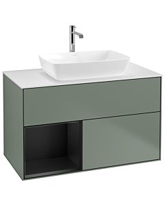 Villeroy und Boch Finion Waschtischunterschrank G771PDGM 100cm, Abdeckplatte white matt, Emotion, Regale Black matt lacquer, Olive Matt Lacquer