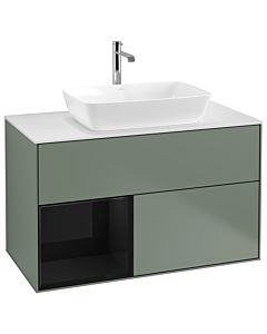 Villeroy und Boch Finion Waschtischunterschrank G771PHGM 100cm, Abdeckplatte white matt, Emotion, Regale Glossy black lacquer, Olive Matt Lacquer