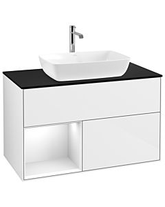 Villeroy und Boch Finion Villeroy und Boch G772GFGF 100cm, plaque de finition noire mate, Emotion, étagères laqué blanc brillant, laqué blanc brillant