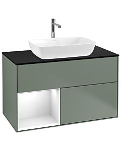 Villeroy und Boch Finion Waschtischunterschrank G772GFGM 100cm, Abdeckplatte black matt, Emotion, Regale Glossy white lacquer, Olive Matt Lacquer