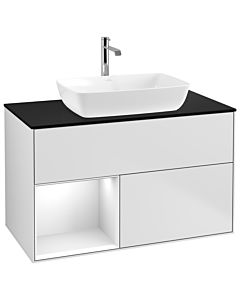 Villeroy und Boch Finion Villeroy und Boch G772GFMT 100cm, plaque de finition noir mat, Emotion, étagères laqué blanc brillant, laqué blanc mat