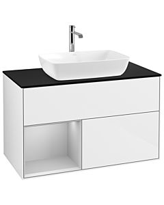Villeroy und Boch Finion Waschtischunterschrank G772GJGF 100cm, Abdeckplatte black matt, Emotion, Regale Light grey matt lacquer, Glossy white lacquer