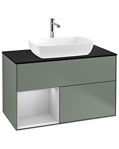 Villeroy und Boch Finion Villeroy und Boch G772GJGM 100cm, plaque de finition noir mat, Emotion, étagères Laque gris clair mat, Olive Matt Lacquer