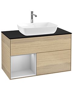 Villeroy und Boch Finion Waschtischunterschrank G772GJPC 100cm, Abdeckplatte black matt, Emotion, Regale Light grey matt lacquer, Oak Veneer