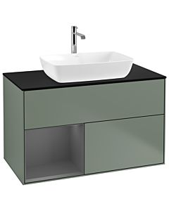 Villeroy und Boch Finion Waschtischunterschrank G772GKGM 100cm, Abdeckplatte black matt, Emotion, Regale Anthracite matt lacquer, Olive Matt Lacquer