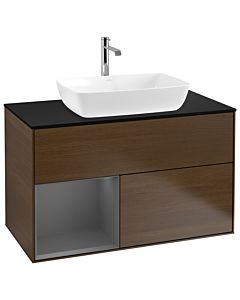 Villeroy und Boch Finion Waschtischunterschrank G772GKGN 100cm, Abdeckplatte black matt, Emotion, Regale Anthracite matt lacquer, Walnut veneer