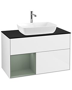 Villeroy und Boch Finion Waschtischunterschrank G772GMGF 100cm, Abdeckplatte black matt, Emotion, Regale Olive matt lacquer, Glossy white lacquer