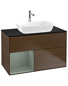 Villeroy und Boch Finion Waschtischunterschrank G772GMGN 100cm, Abdeckplatte black matt, Emotion, Regale Olive matt lacquer, Walnut veneer