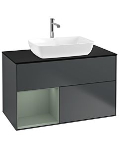 Villeroy und Boch Finion Waschtischunterschrank G772GMHG 100cm, Abdeckplatte black matt, Emotion, Regale Olive matt lacquer, Midnight Blue Matt Lacquer