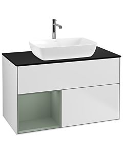 Villeroy und Boch Finion Waschtischunterschrank G772GMMT 100cm, Abdeckplatte black matt, Emotion, Regale Olive matt lacquer, White matt lacquer