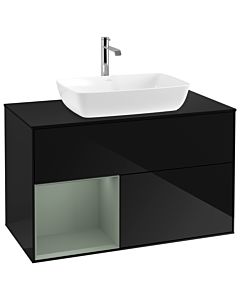 Villeroy und Boch Finion Waschtischunterschrank G772GMPH 100cm, Abdeckplatte black matt, Emotion, Regale Olive matt lacquer, Glossy Black Lacquer