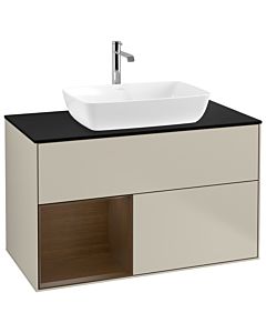 Villeroy und Boch Finion Waschtischunterschrank G772GNHH 100cm, Abdeckplatte black matt, Emotion, Regale Walnut Veneer, Sand Matt Lacquer
