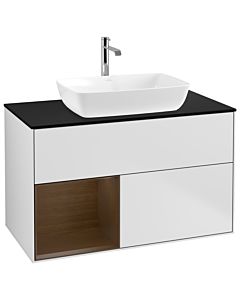 Villeroy und Boch Finion Waschtischunterschrank G772GNMT 100cm, Abdeckplatte black matt, Emotion, Regale Walnut Veneer, White matt lacquer