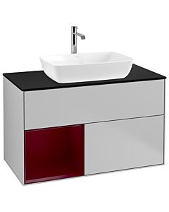 Villeroy und Boch Finion Villeroy und Boch G772HBGJ 100cm, plaque de finition noir mat, Emotion, étagères Peony laqué mat, gris clair mat